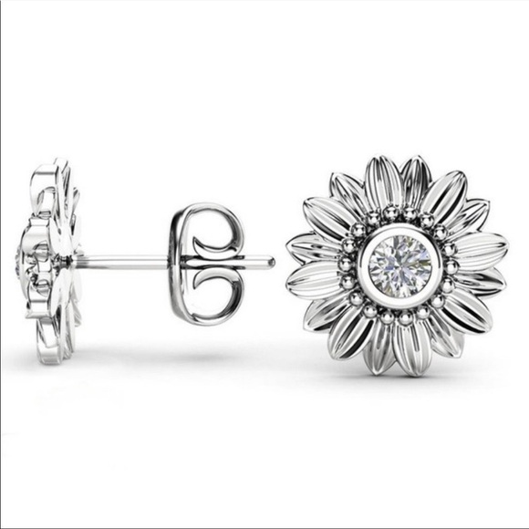 STERLING SILVER DIAMOND SUNFLOWER STUD EARRINGS - Picture 2 of 4